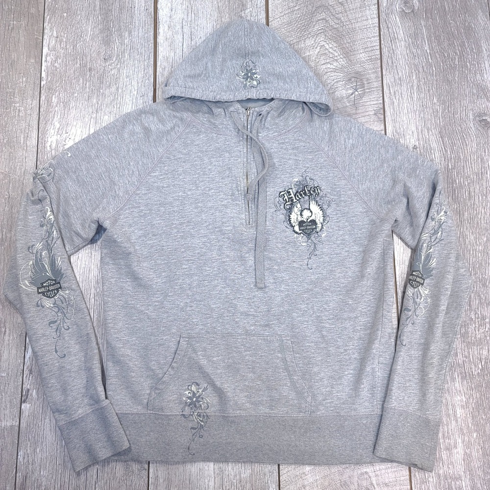 Harley Davidson Hoodie Womens Medium Gray Lake Placid NY 1/4 Zip Graphic Fleece